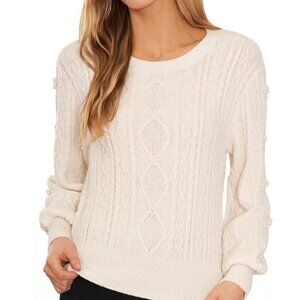 CeCe Women's Antique White Embellished Cable-Knit Crewneck Sweater S-Small